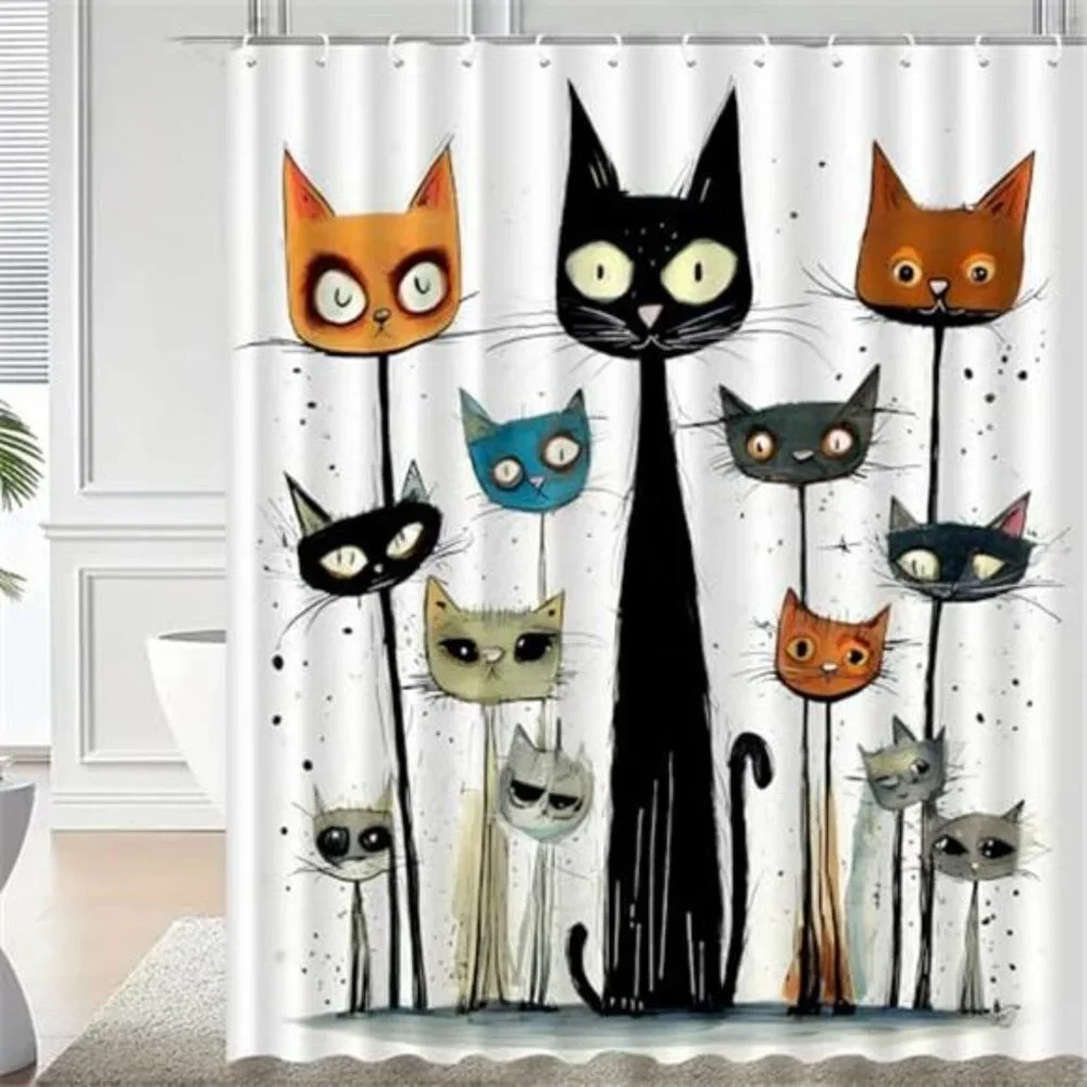 Funny Cat Shower Curtain Set, Cute Shower Curtain for Kids,Washable Durable